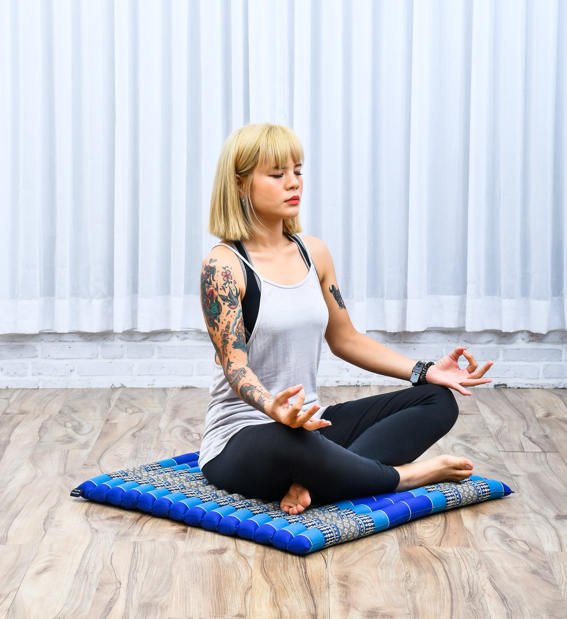 Large Kapok Zabuton Meditation Cushion – Rectangular Floor Mat with Cotton Cover, Sf28 - Blue