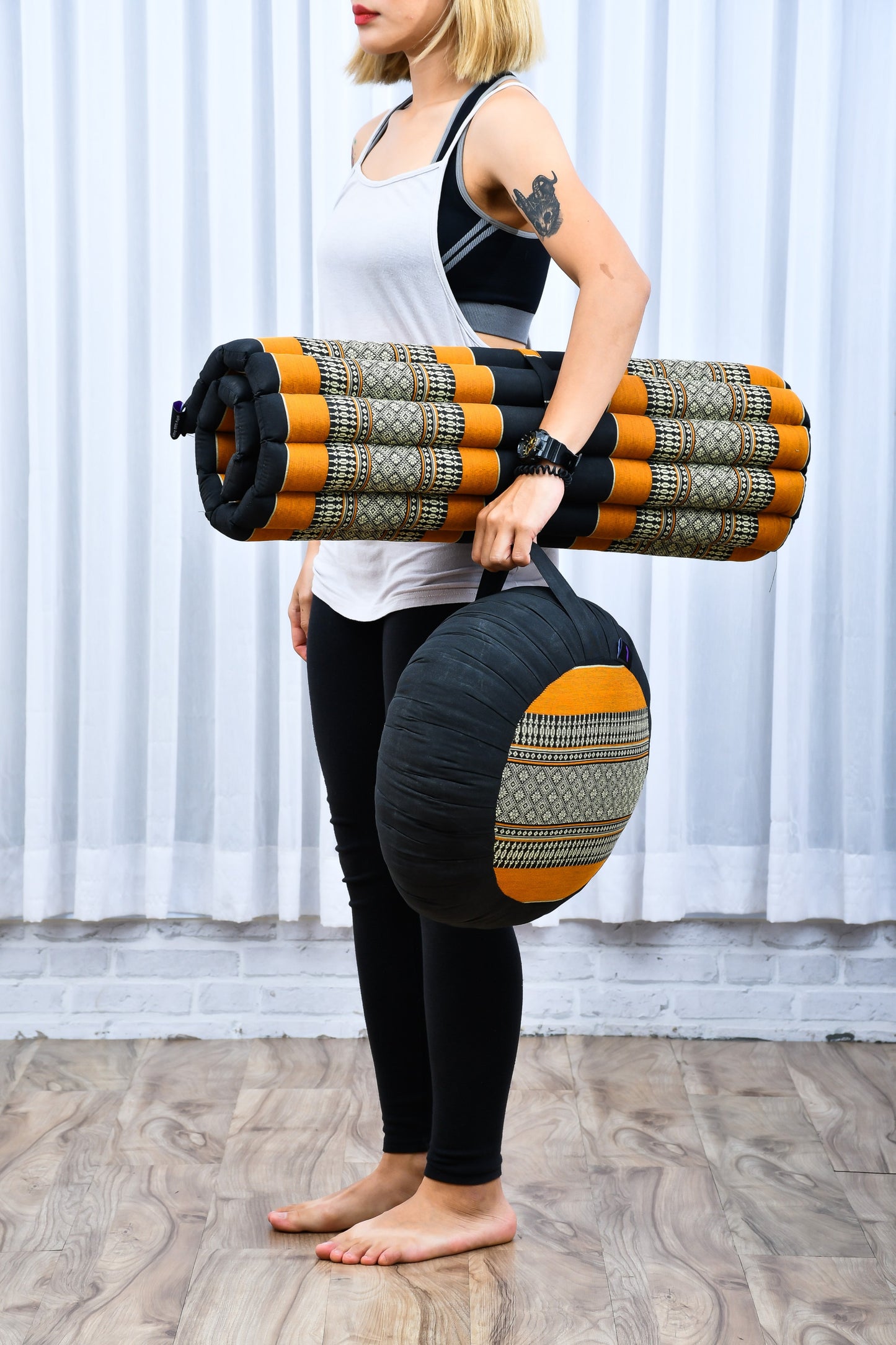 Kapok Meditation Cushion Set – Zabuton Mat & Zafu Seat Cushion with Cotton Cover, Sf03 - Black, Orange