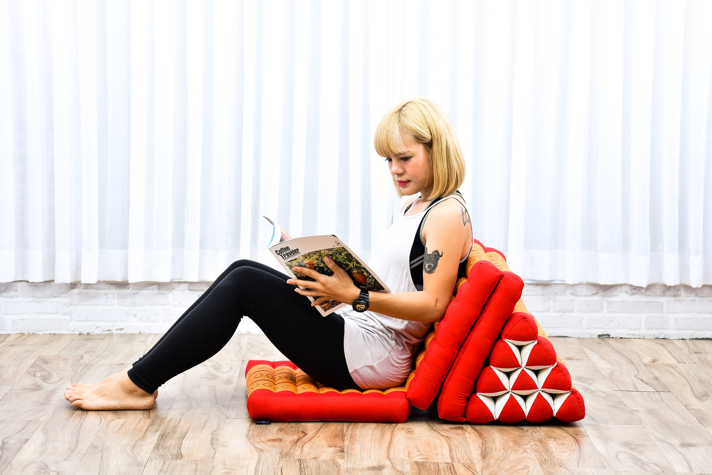 Thai Folding Mat with Triangle Cushion – Handmade Kapok Relax Mat for Sleeping, Reading & Lounging, Sf02 - Orange, 3 seating segments