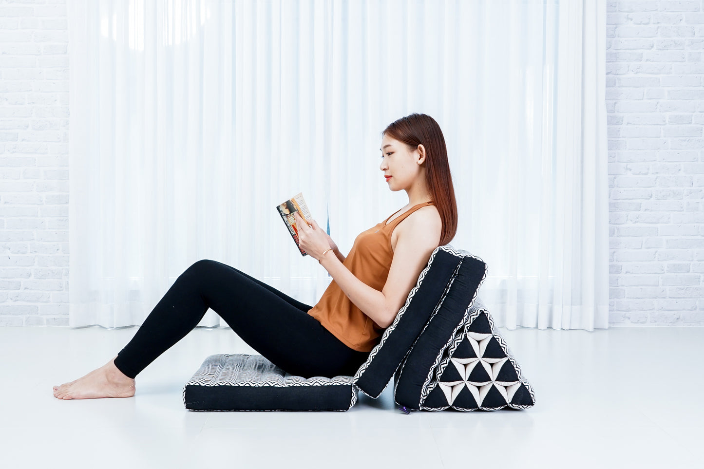 Thai Folding Mat with Triangle Cushion – Handmade Kapok Relax Mat for Sleeping, Reading & Lounging, Cbt5 - Black, 3 seating segments