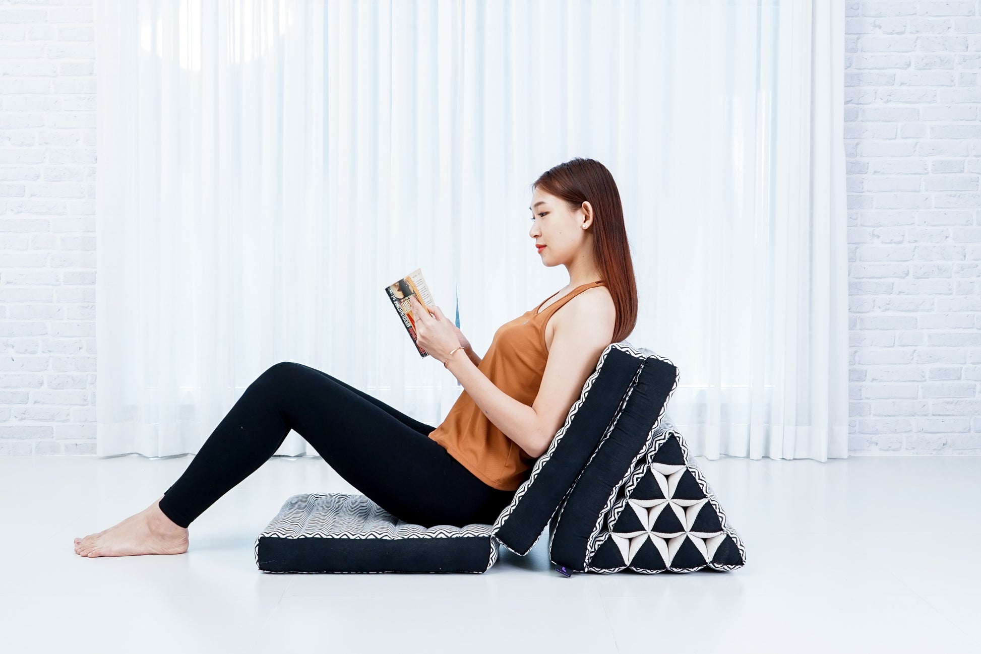 Thai Folding Mat with Triangle Cushion – Handmade Kapok Relax Mat for Sleeping, Reading & Lounging, Cbt5 - Black, 3 seating segments