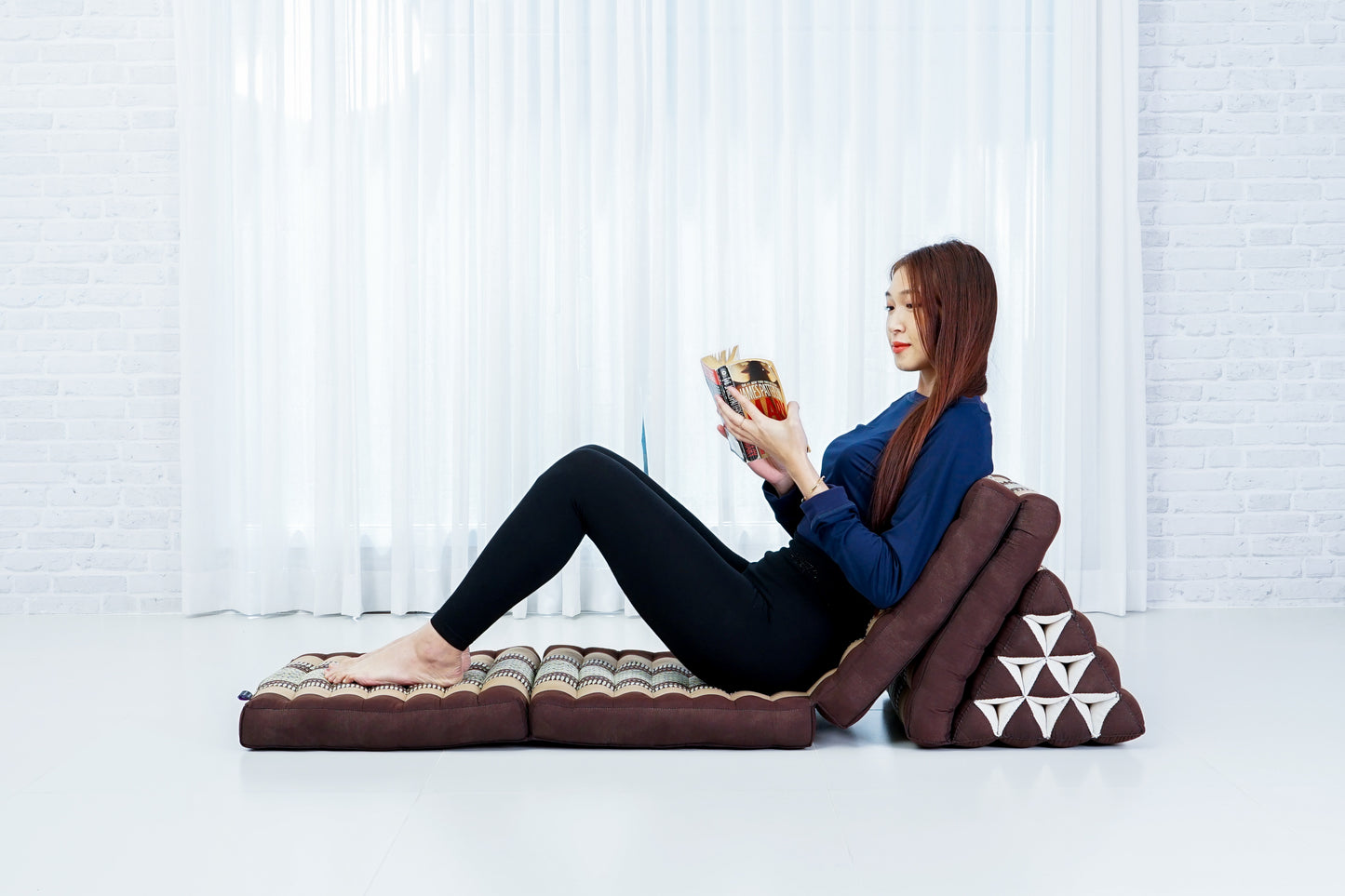 Thai Folding Mat with Triangle Cushion – Handmade Kapok Relax Mat for Sleeping, Reading & Lounging, Sf10 - Brown, 4 seating segments