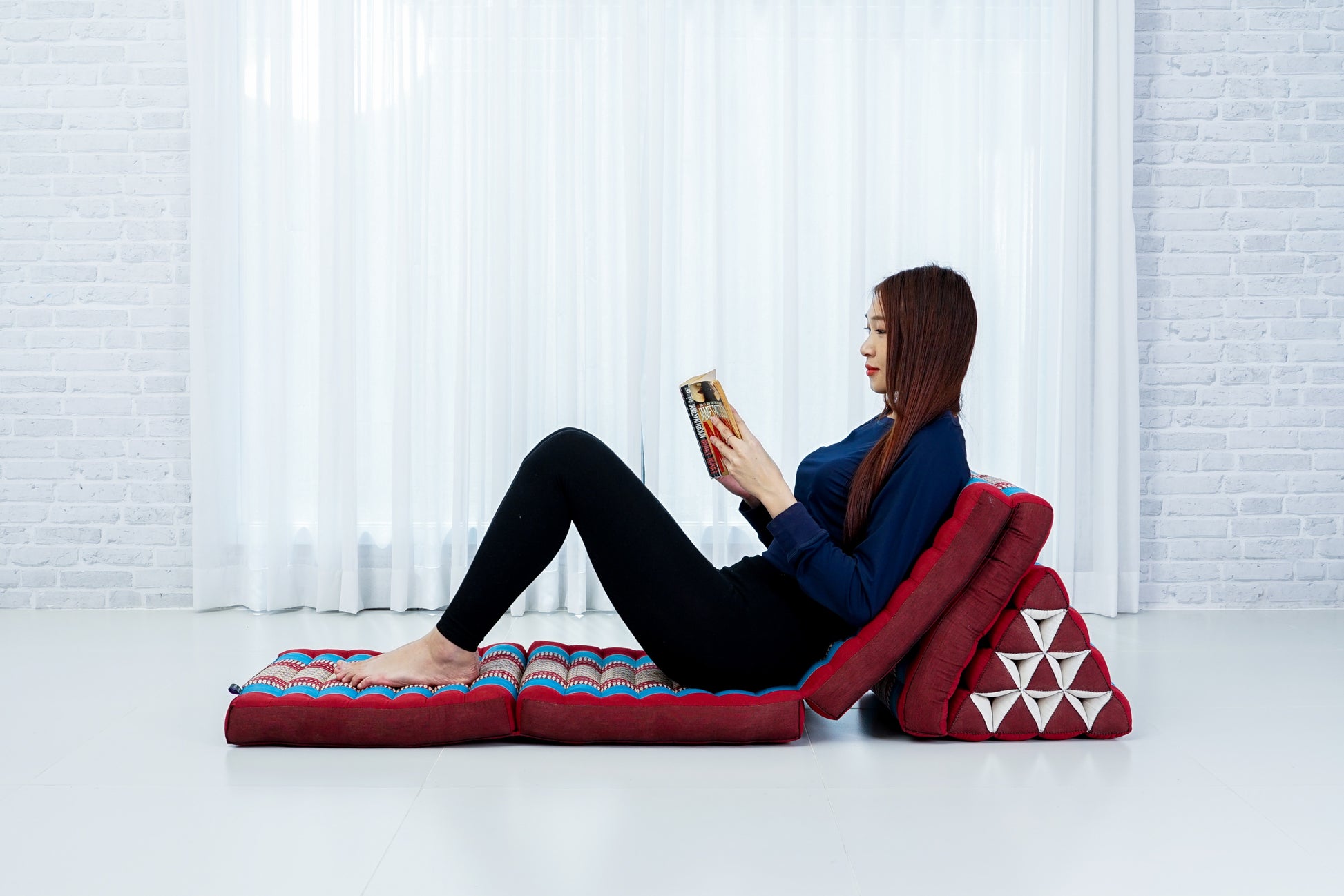 Thai Folding Mat with Triangle Cushion – Handmade Kapok Relax Mat for Sleeping, Reading & Lounging, Sf27 - Blue, Red, 4 seating segments