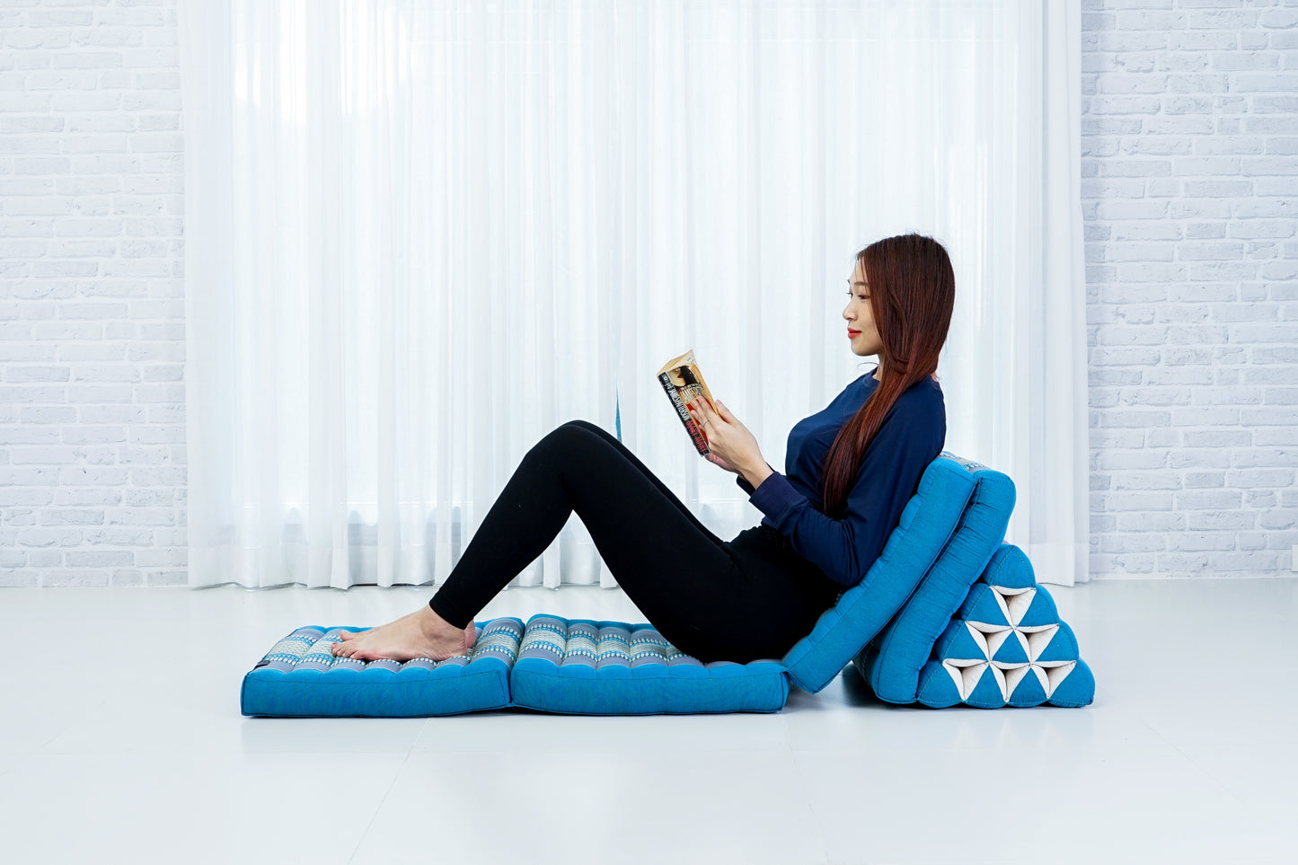 Thai Folding Mat with Triangle Cushion – Handmade Kapok Relax Mat for Sleeping, Reading & Lounging, Sf22 - Blue, 4 seating segments