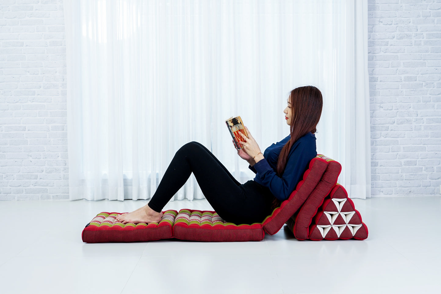 Thai Folding Mat with Triangle Cushion – Handmade Kapok Relax Mat for Sleeping, Reading & Lounging, Sf11 - Red, Green, 4 seating segments