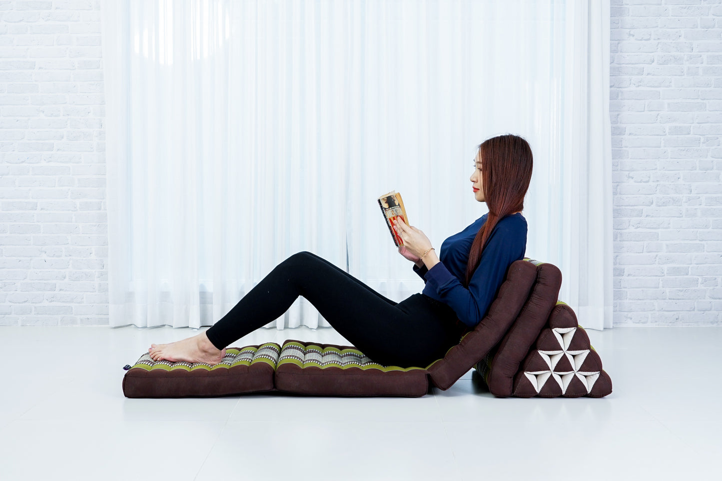 Thai Folding Mat with Triangle Cushion – Handmade Kapok Relax Mat for Sleeping, Reading & Lounging, Sf20 - Brown, Green, 4 seating segments