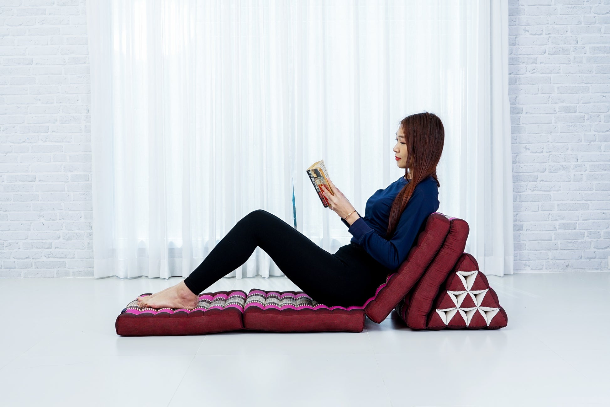 Thai Folding Mat with Triangle Cushion – Handmade Kapok Relax Mat for Sleeping, Reading & Lounging, Sf29 - Auburn, Pink, 4 seating segments