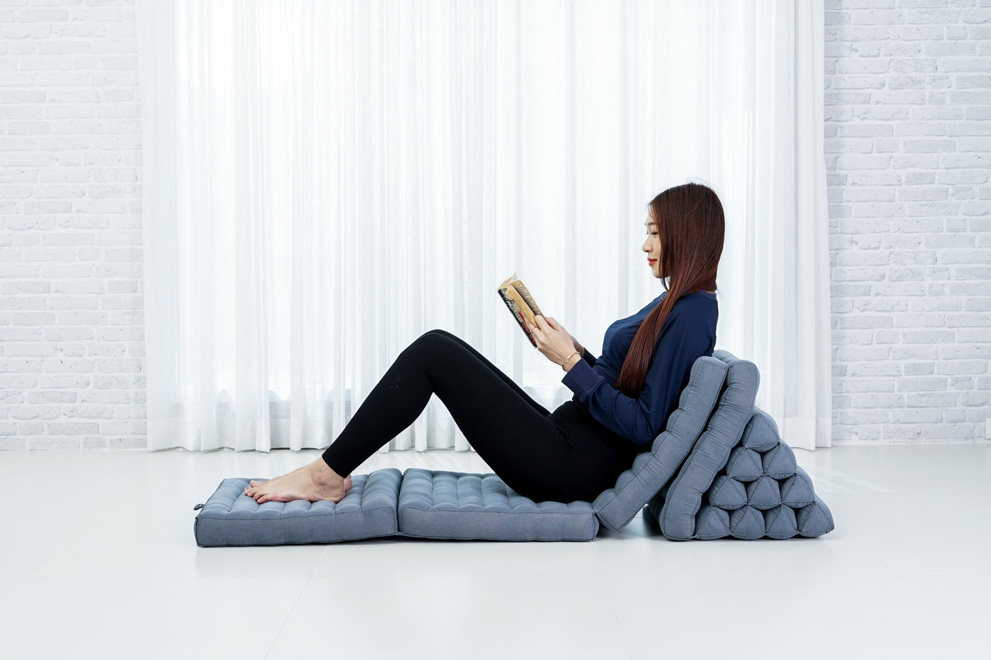 Thai Folding Mat with Triangle Cushion – Handmade Kapok Relax Mat for Sleeping, Reading & Lounging, Cl13 - Grey, 4 seating segments