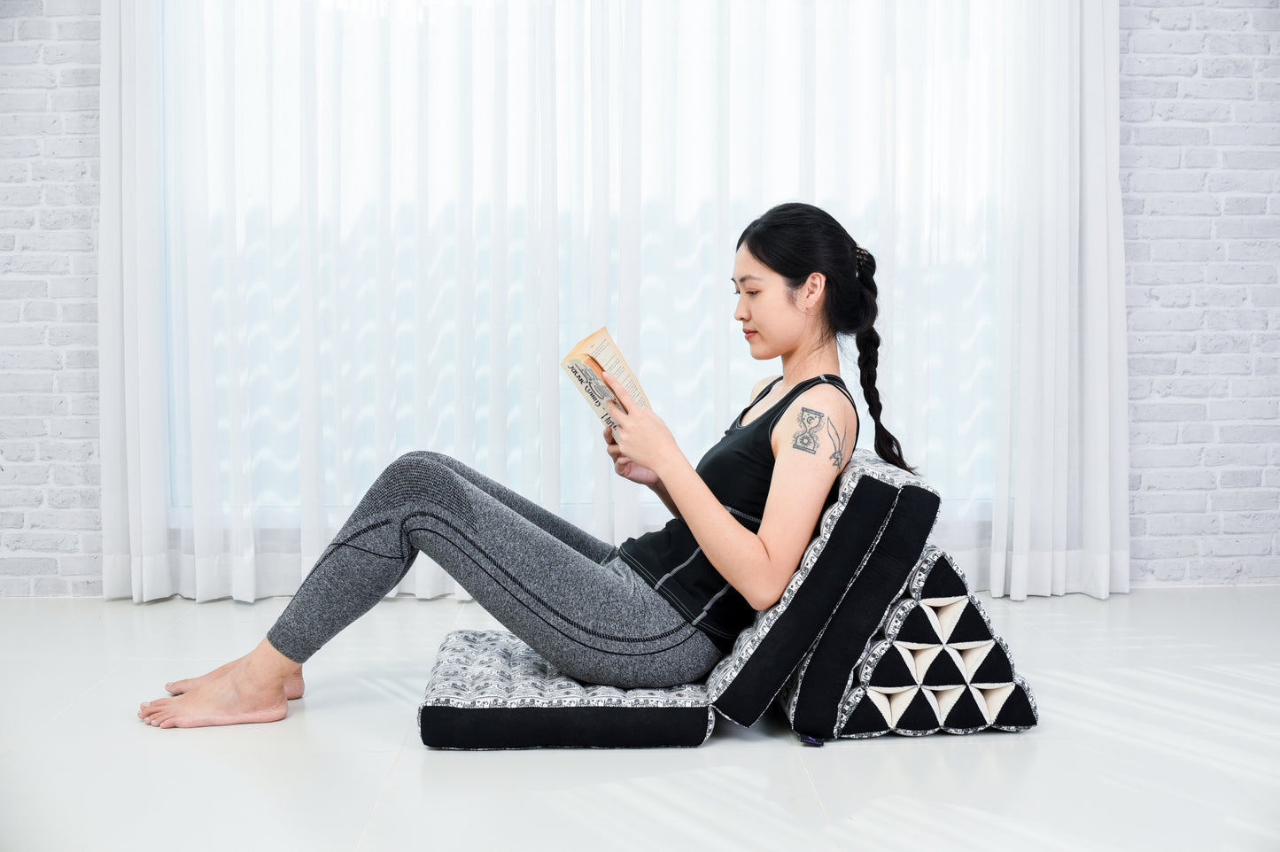 Thai Folding Mat with Triangle Cushion – Handmade Kapok Relax Mat for Sleeping, Reading & Lounging, El2 - Black, 3 seating segments