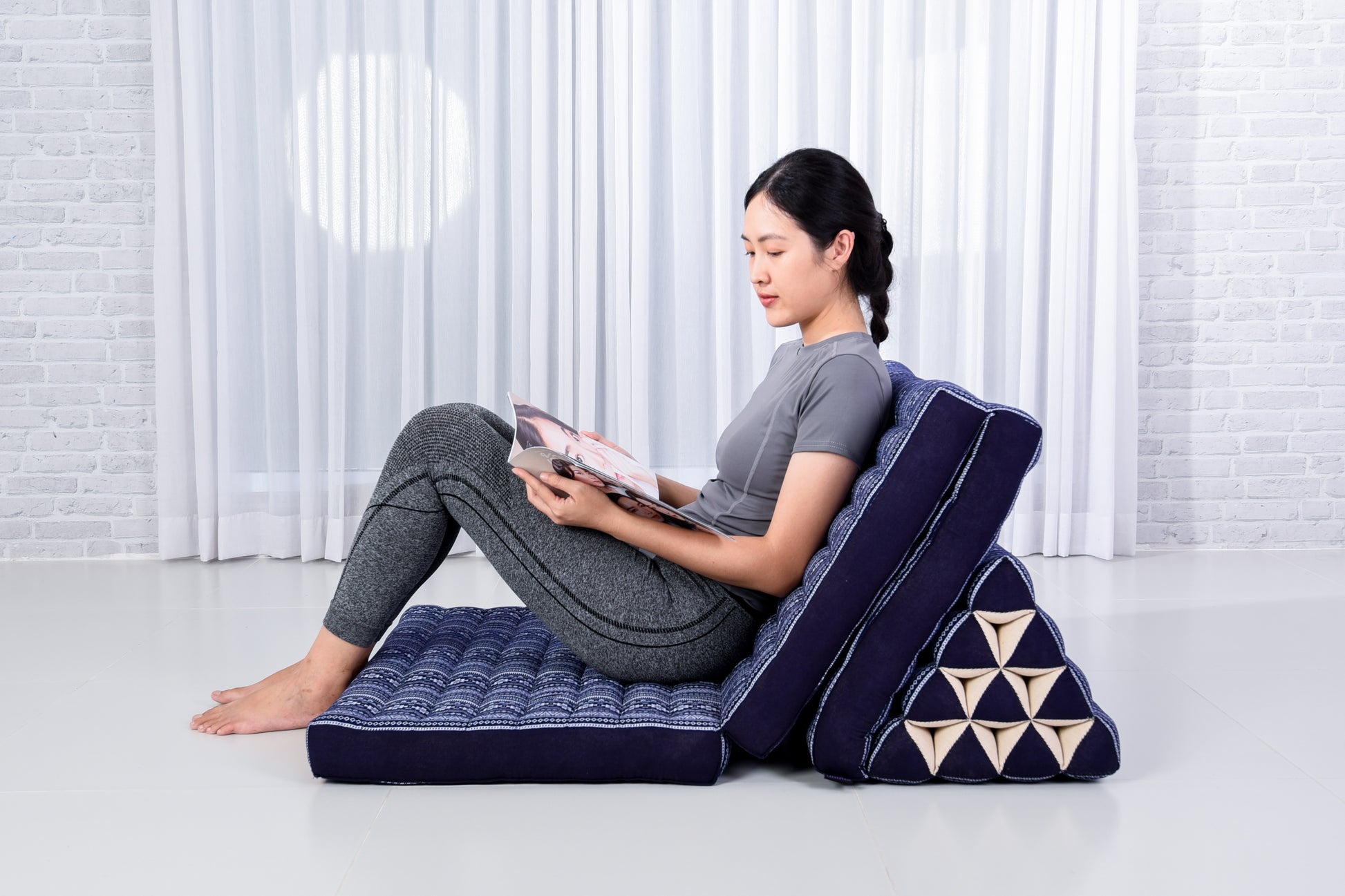 Thai Folding Mat with Triangle Cushion – Handmade Kapok Relax Mat for Sleeping, Reading & Lounging, Cbt2 - Dark Blue, 3 seating segments XL