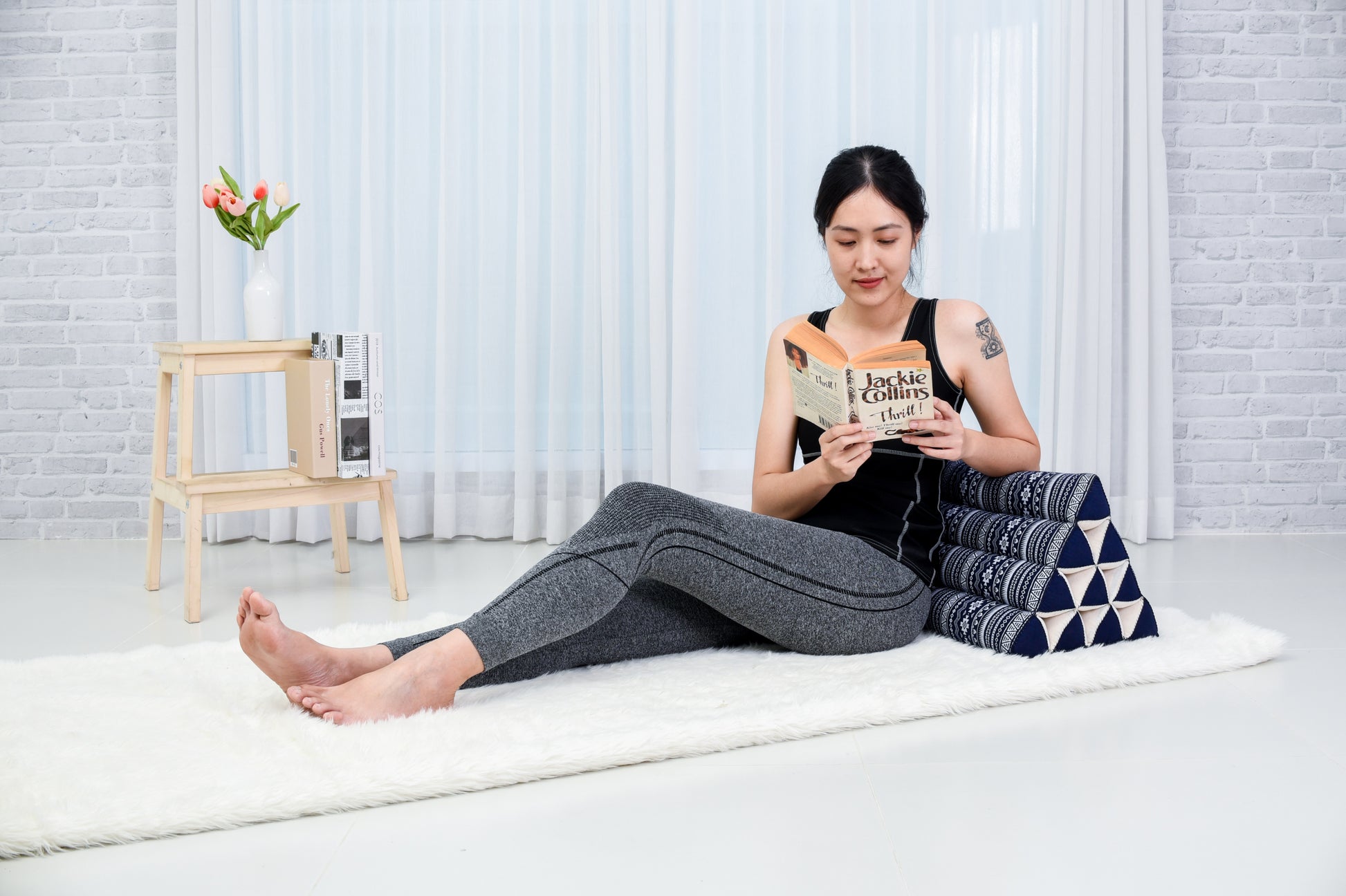 Triangular Kapok Backrest Cushion – Firm Thai Reading Pillow with Cotton Cover in Plain or Patterned Designs, Cbt2 - Dark Blue, triangle cushion