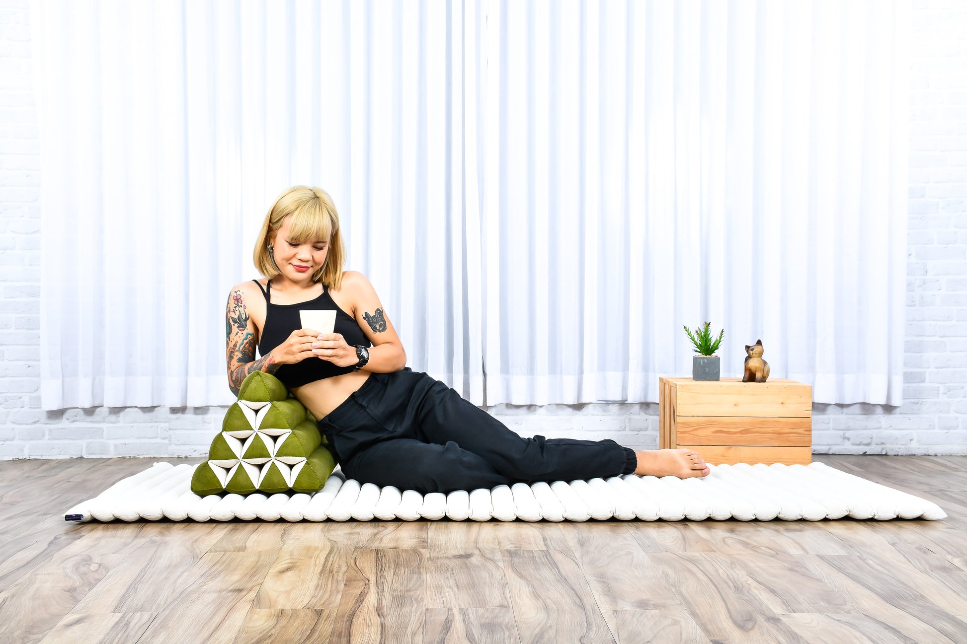 Triangular Kapok Backrest Cushion – Firm Thai Reading Pillow with Cotton Cover in Plain or Patterned Designs, Cl23 - Green, triangle cushion