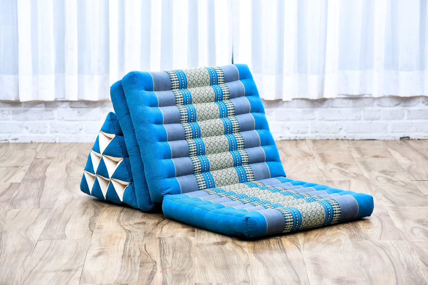 Thai Folding Mat with Triangle Cushion – Handmade Kapok Relax Mat for Sleeping, Reading & Lounging, Sf22 - Blue, 3 seating segments