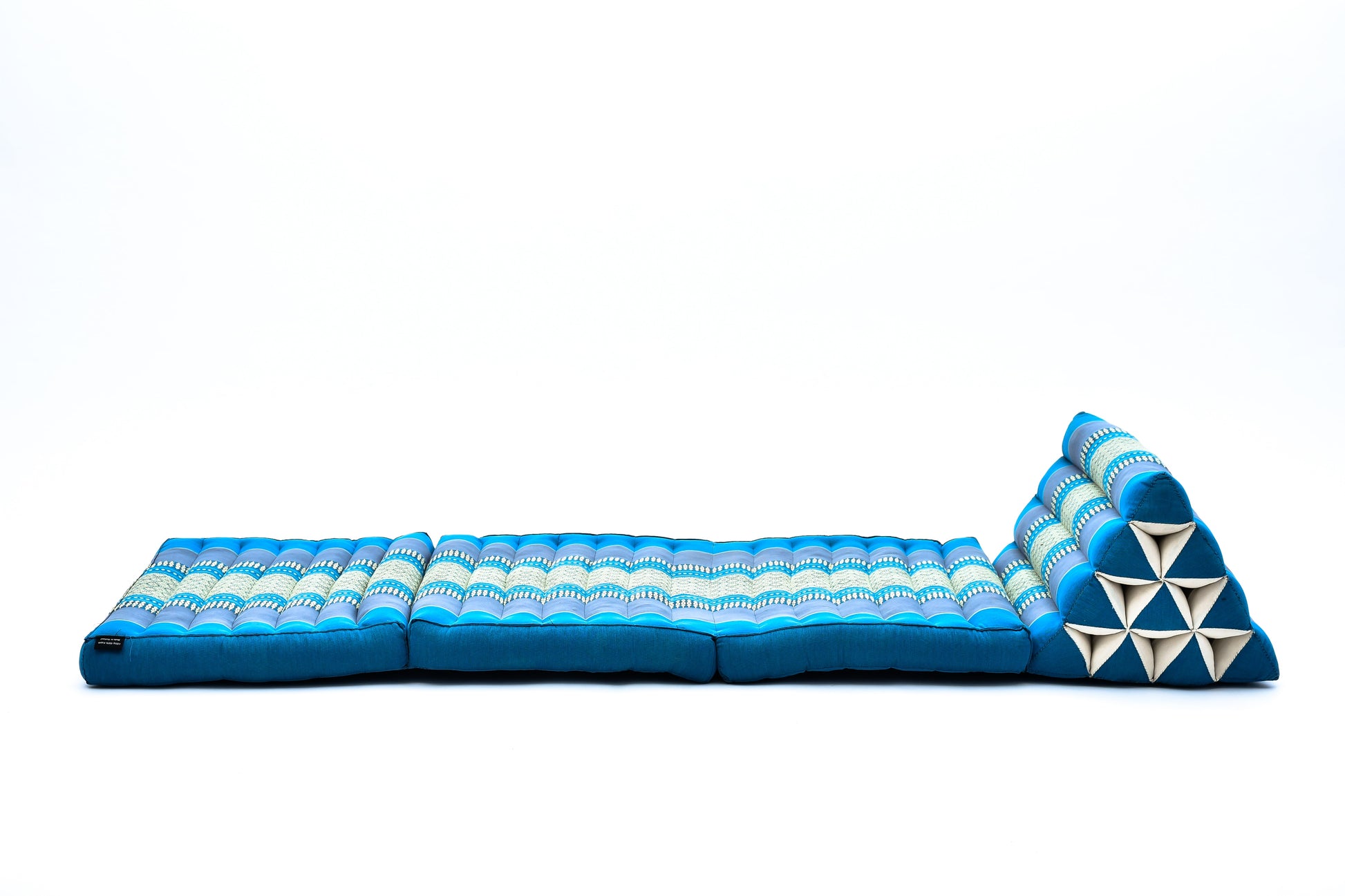Thai Folding Mat with Triangle Cushion – Handmade Kapok Relax Mat for Sleeping, Reading & Lounging, Sf22 - Blue, 3 seating segments