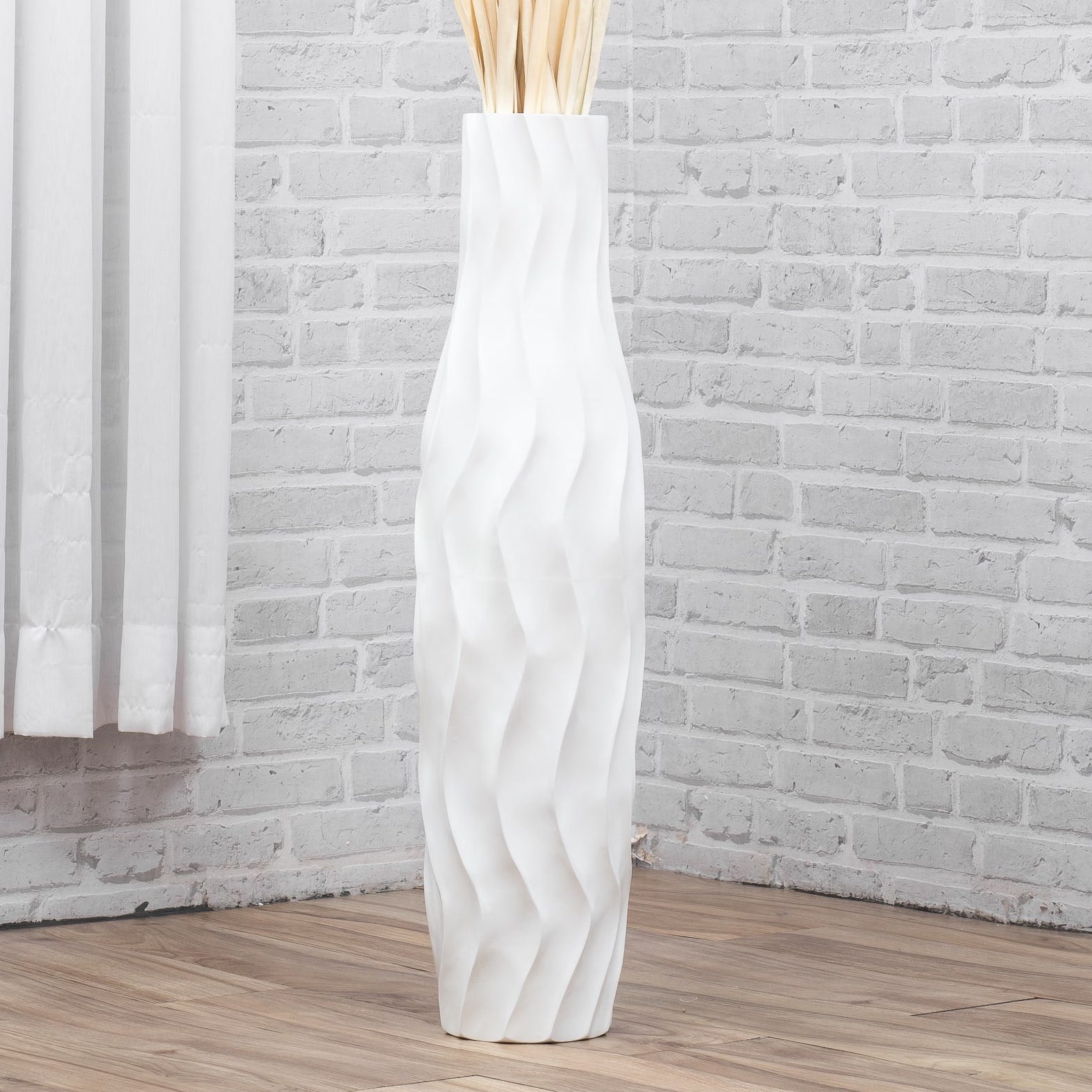 Large Mango Wood Floor Vase – Handcrafted Decorative Highlight from Thailand, white, 65 cm