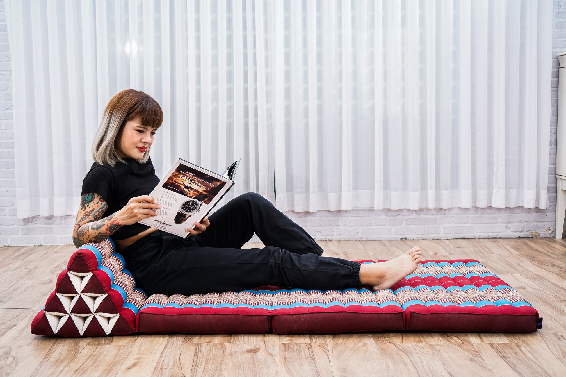 Thai Folding Mat with Triangle Cushion – Handmade Kapok Relax Mat for Sleeping, Reading & Lounging, Sf27 - Blue, Red, 3 seating segments XL