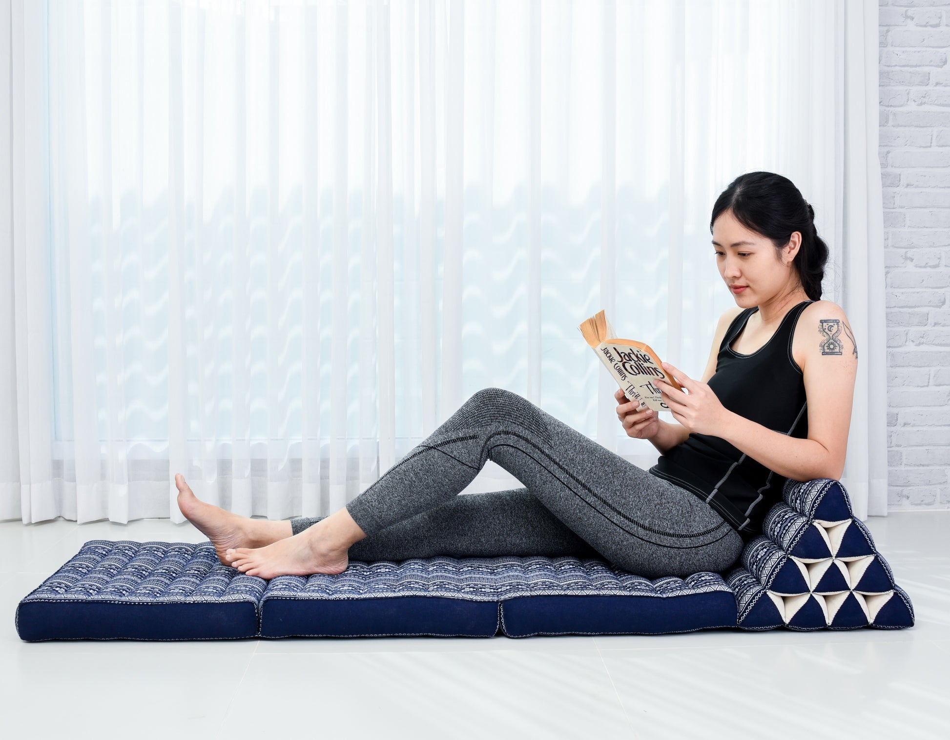Thai Folding Mat with Triangle Cushion – Handmade Kapok Relax Mat for Sleeping, Reading & Lounging, Cbt2 - Dark Blue, 3 seating segments