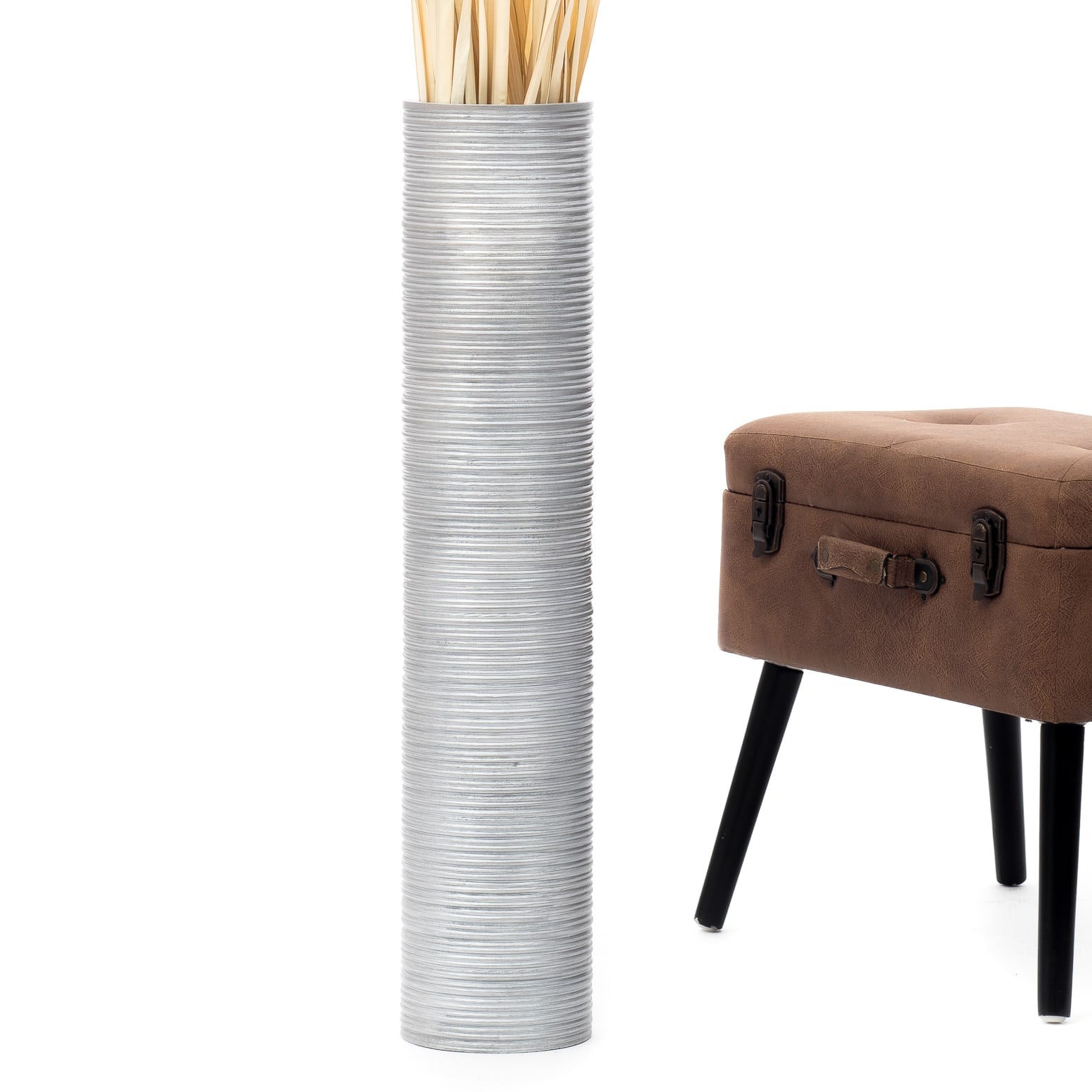 Large Mango Wood Floor Vase – Handcrafted Decorative Highlight from Thailand, silver, 65 cm