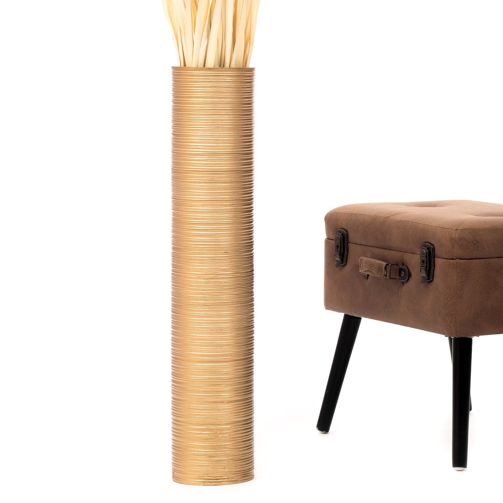 Large Mango Wood Floor Vase – Handcrafted Decorative Highlight from Thailand, gold, 65 cm