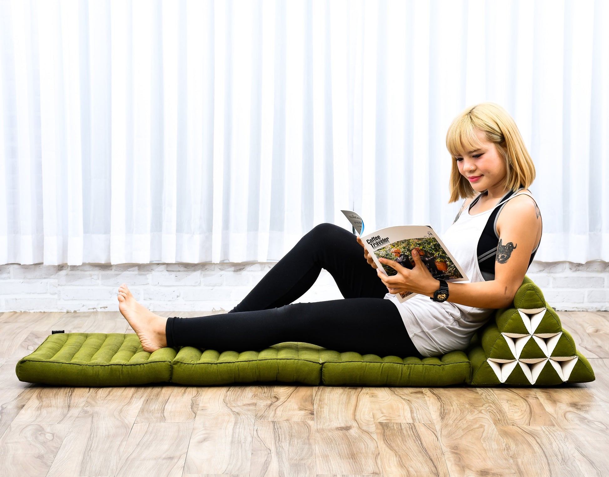 Thai Folding Mat with Triangle Cushion – Handmade Kapok Relax Mat for Sleeping, Reading & Lounging, Cl23 - Green, 3 seating segments