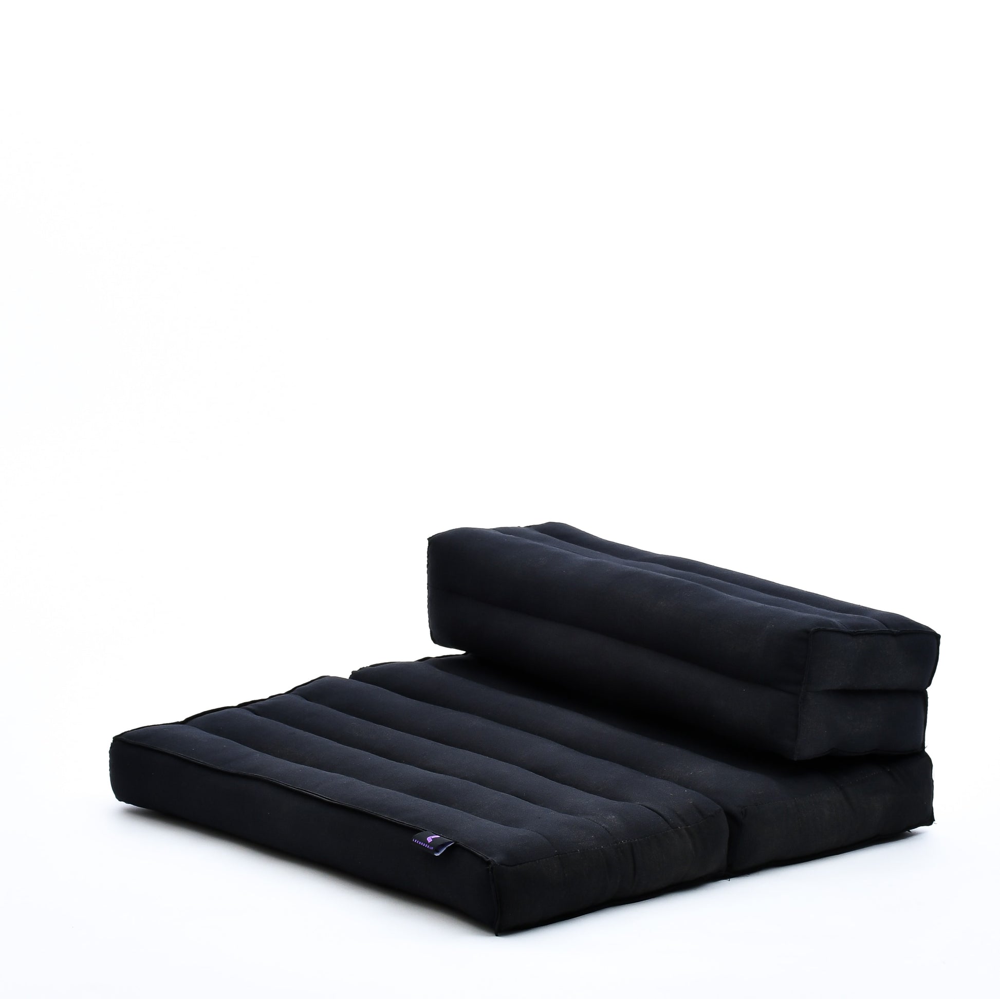 Foldable Meditation Cushion – Compact Kapok Seat with Foot Pad and Cotton Cover in Solid Colors or Thai Pattern, Cl02 - Black