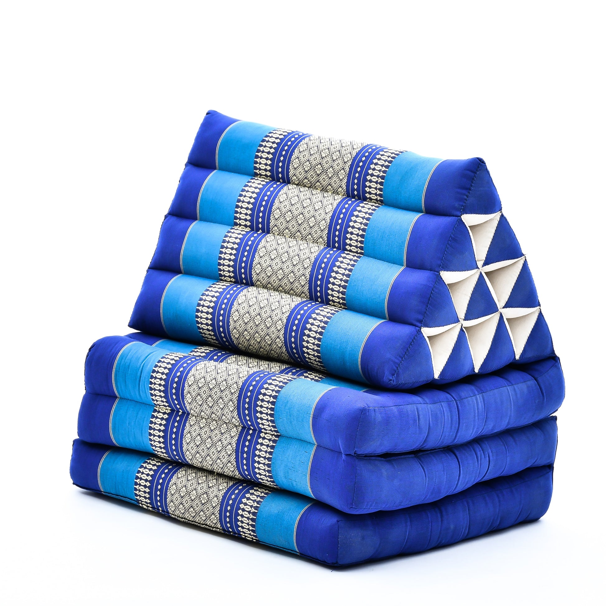 Thai Folding Mat with Triangle Cushion – Handmade Kapok Relax Mat for Sleeping, Reading & Lounging, Sf28 - Blue, 3 seating segments