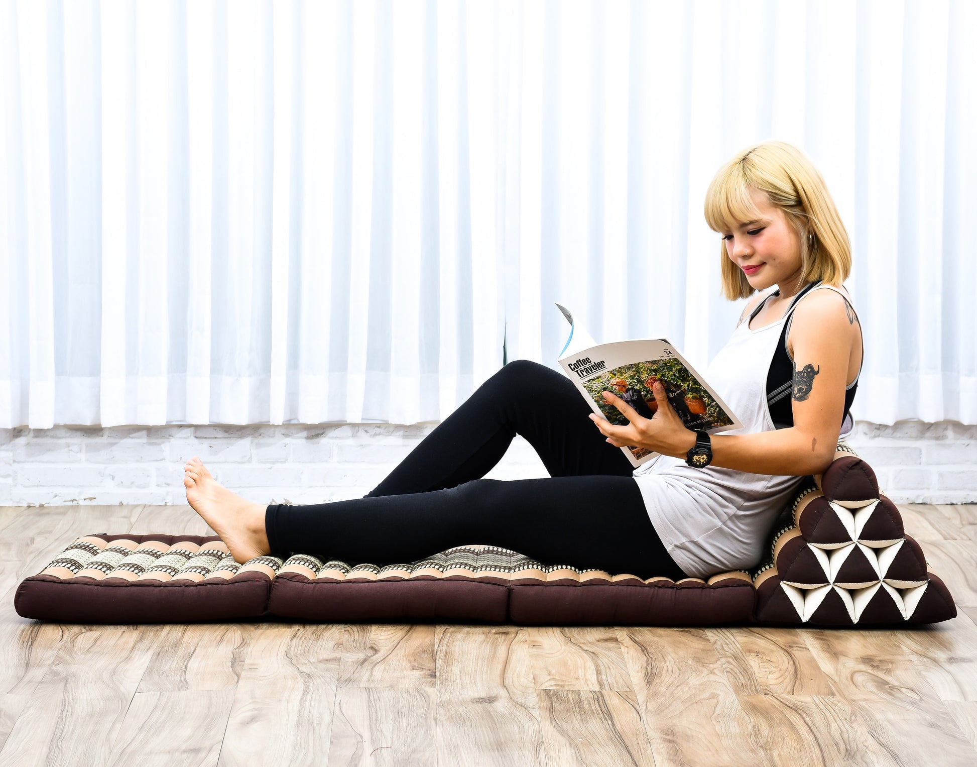 Thai Folding Mat with Triangle Cushion – Handmade Kapok Relax Mat for Sleeping, Reading & Lounging, Sf10 - Brown, 3 seating segments
