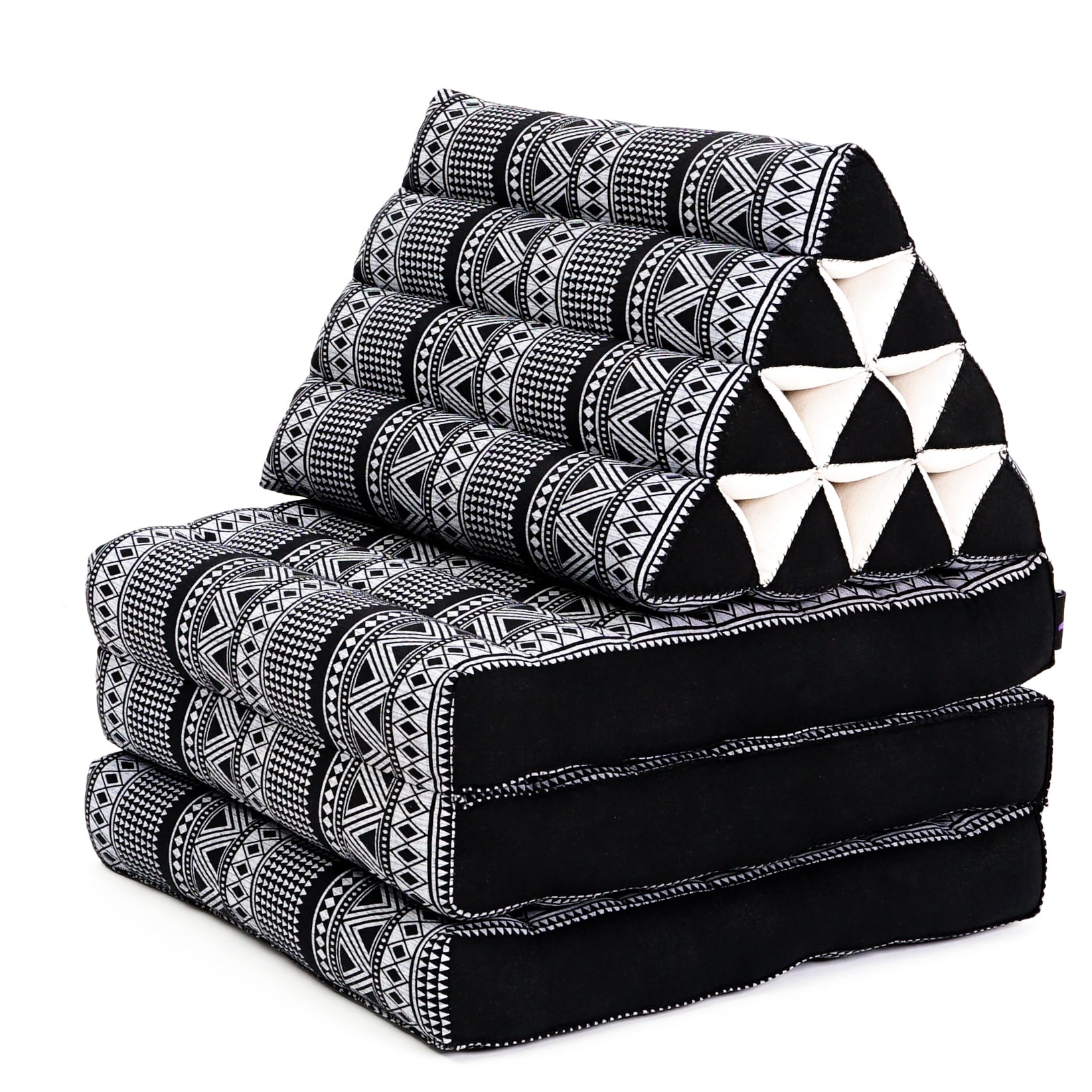 Thai Folding Mat with Triangle Cushion – Handmade Kapok Relax Mat for Sleeping, Reading & Lounging, Cbt3 - Black, 3 seating segments