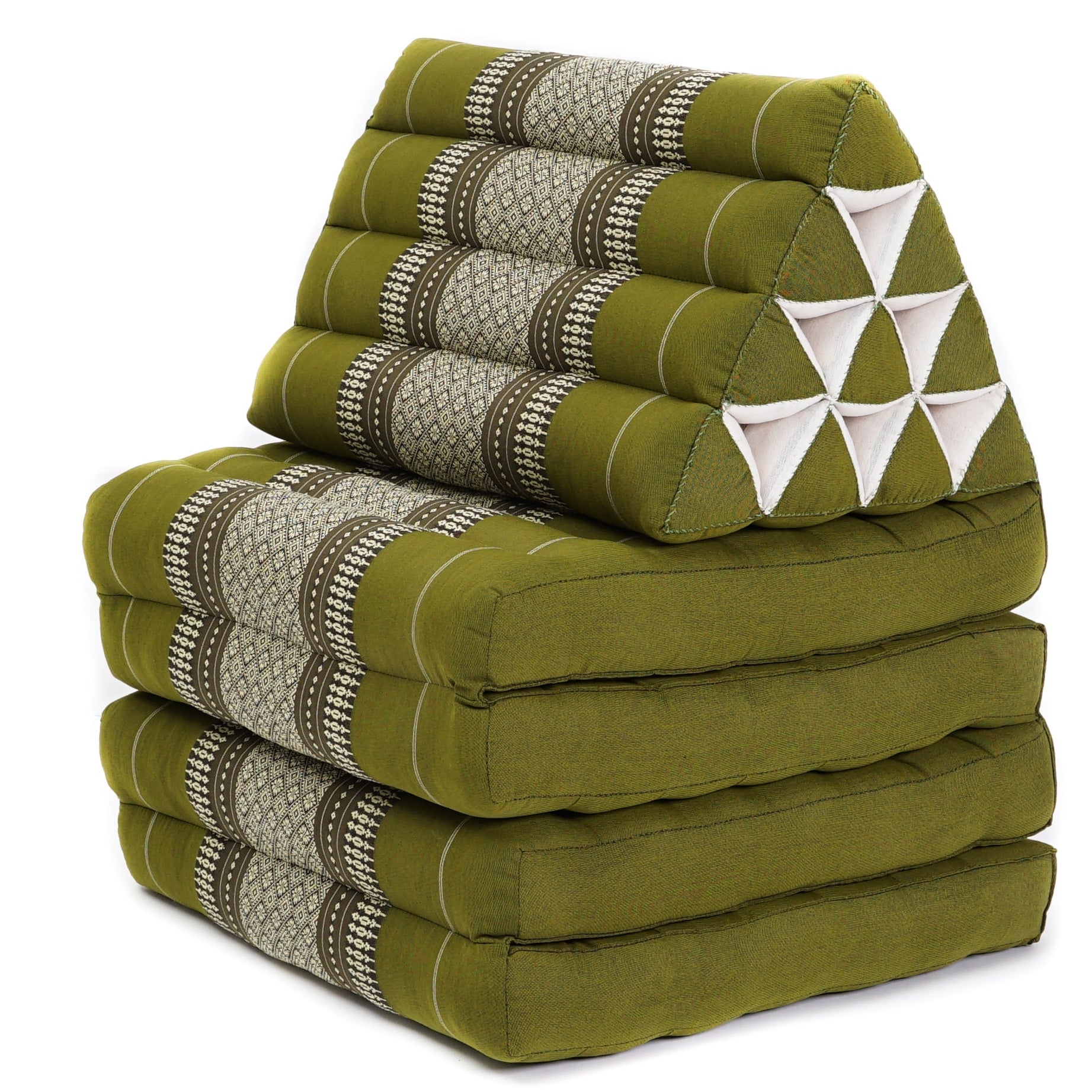 Thai Folding Mat with Triangle Cushion – Handmade Kapok Relax Mat for Sleeping, Reading & Lounging, Sf17 - Green, 4 seating segments