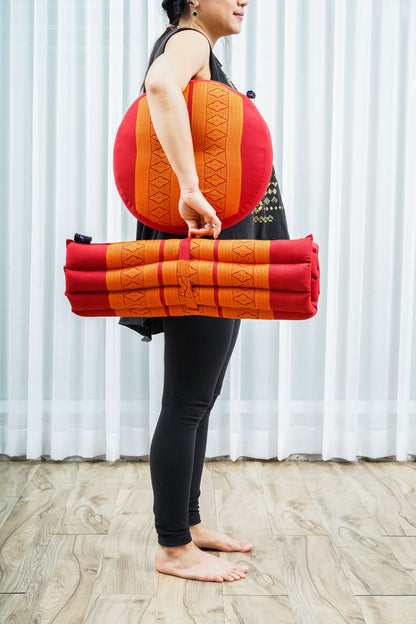 Compact Meditation Cushion Set Made of Kapok – Small Zabuton & Zafu with Cotton Cover, Sf02 - Orange