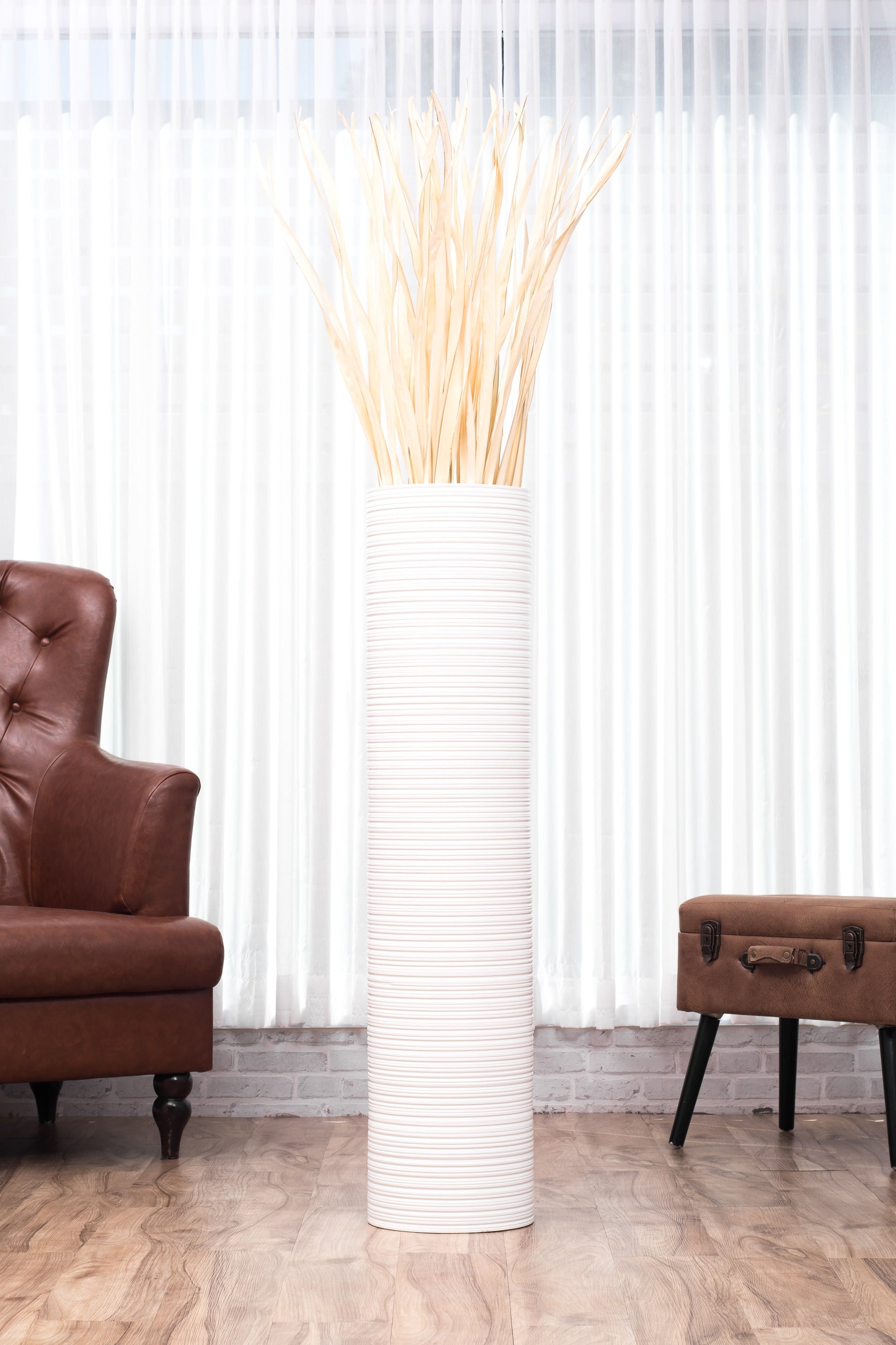 Large Mango Wood Floor Vase – Handcrafted Decorative Highlight from Thailand, white, 105 cm