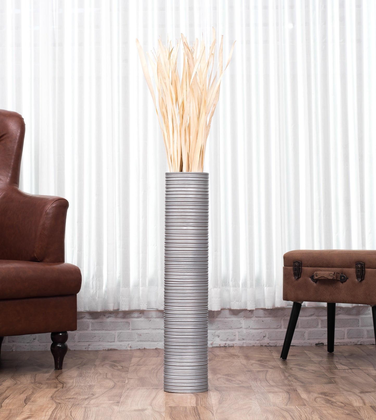 Large Mango Wood Floor Vase – Handcrafted Decorative Highlight from Thailand, silver, 65 cm