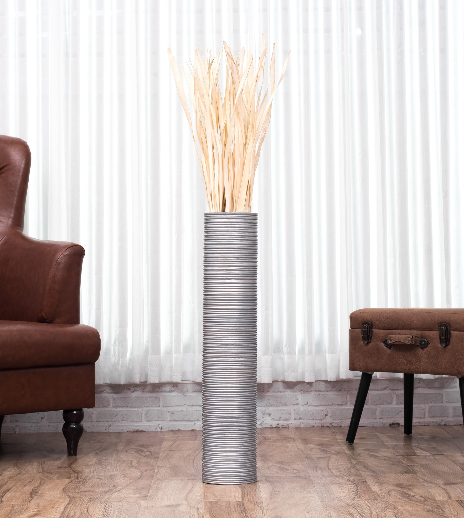 Large Mango Wood Floor Vase – Handcrafted Decorative Highlight from Thailand, silver, 65 cm