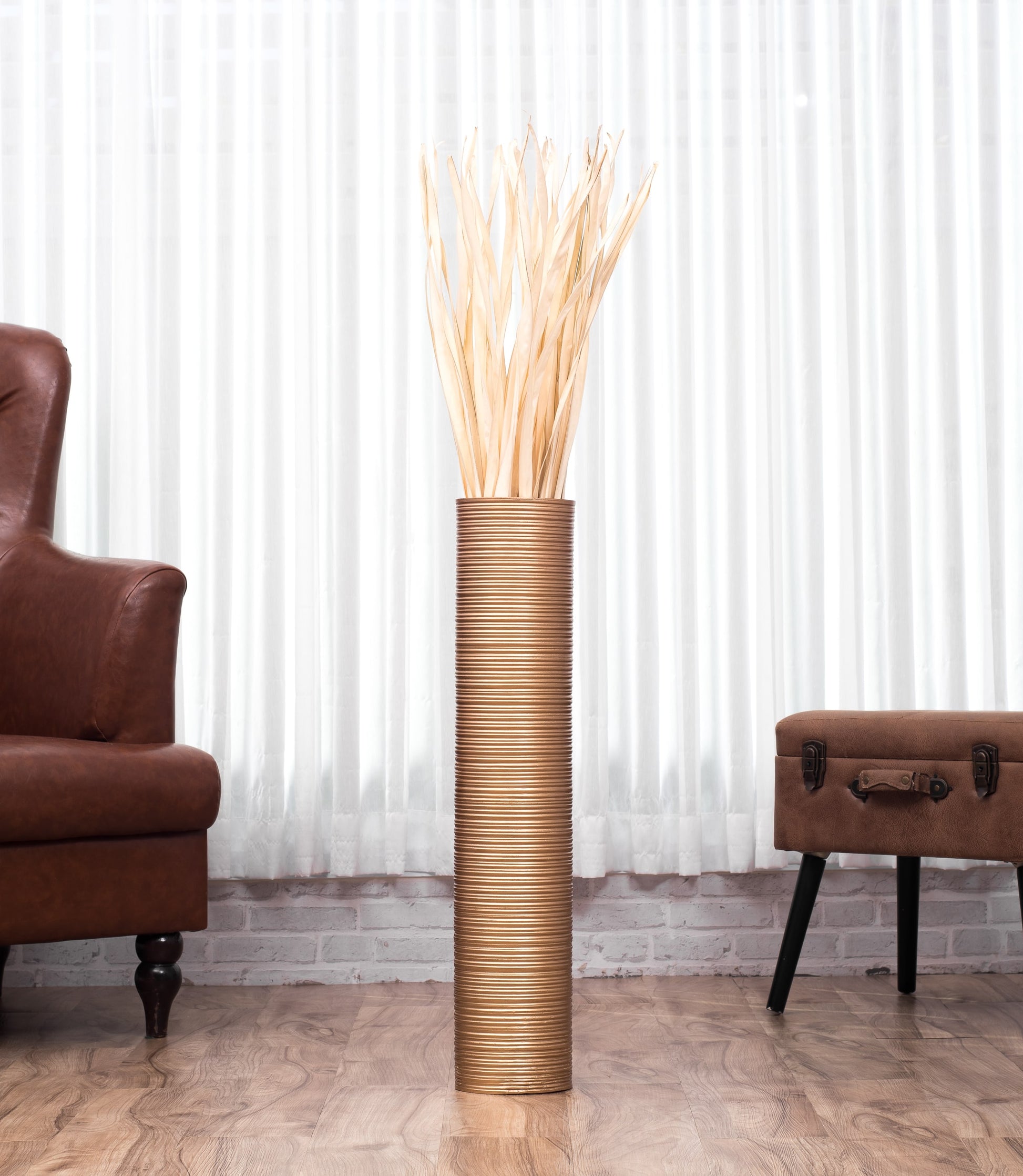 Large Mango Wood Floor Vase – Handcrafted Decorative Highlight from Thailand, gold, 65 cm