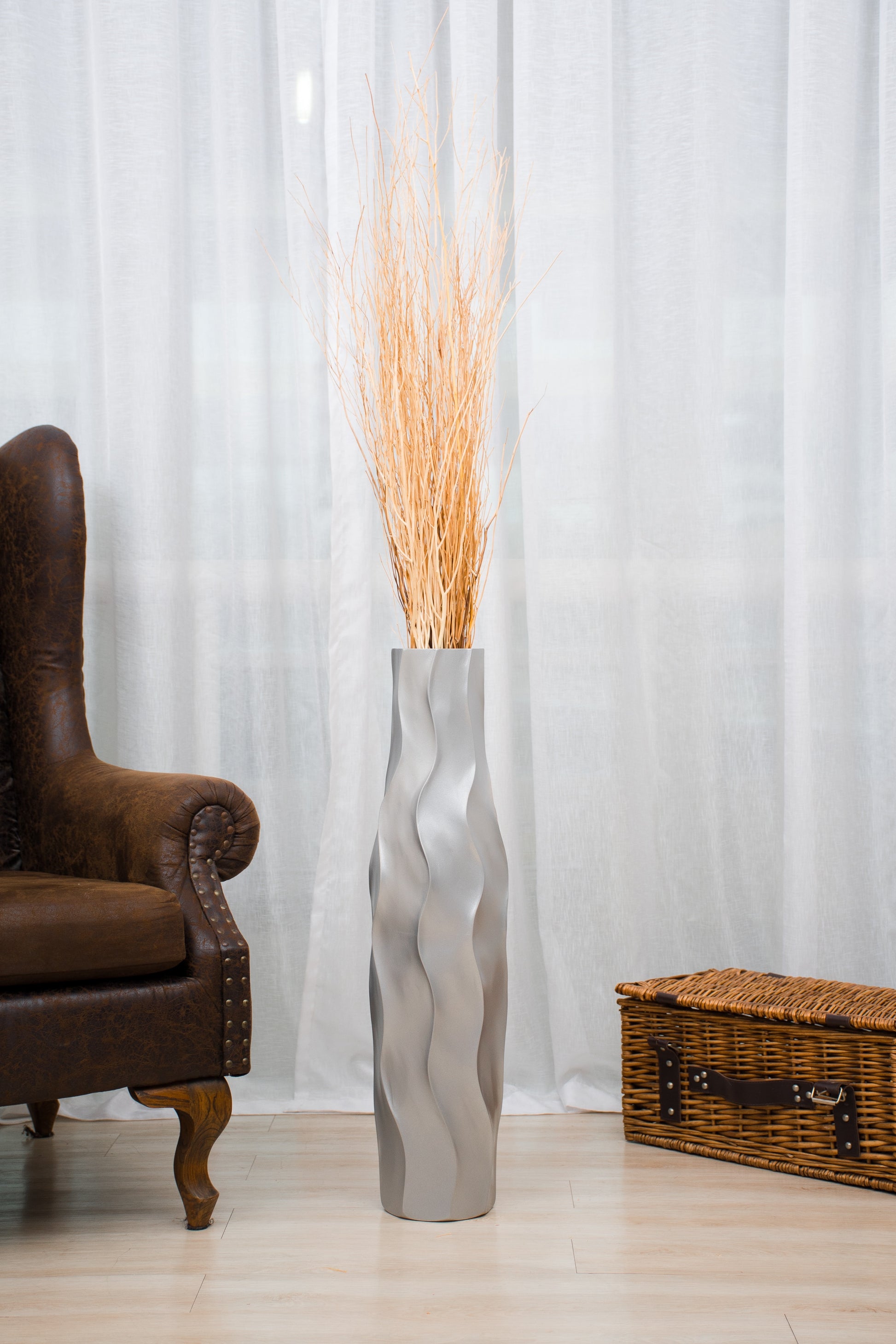 Large Mango Wood Floor Vase – Handcrafted Decorative Highlight from Thailand, silver, 65 cm