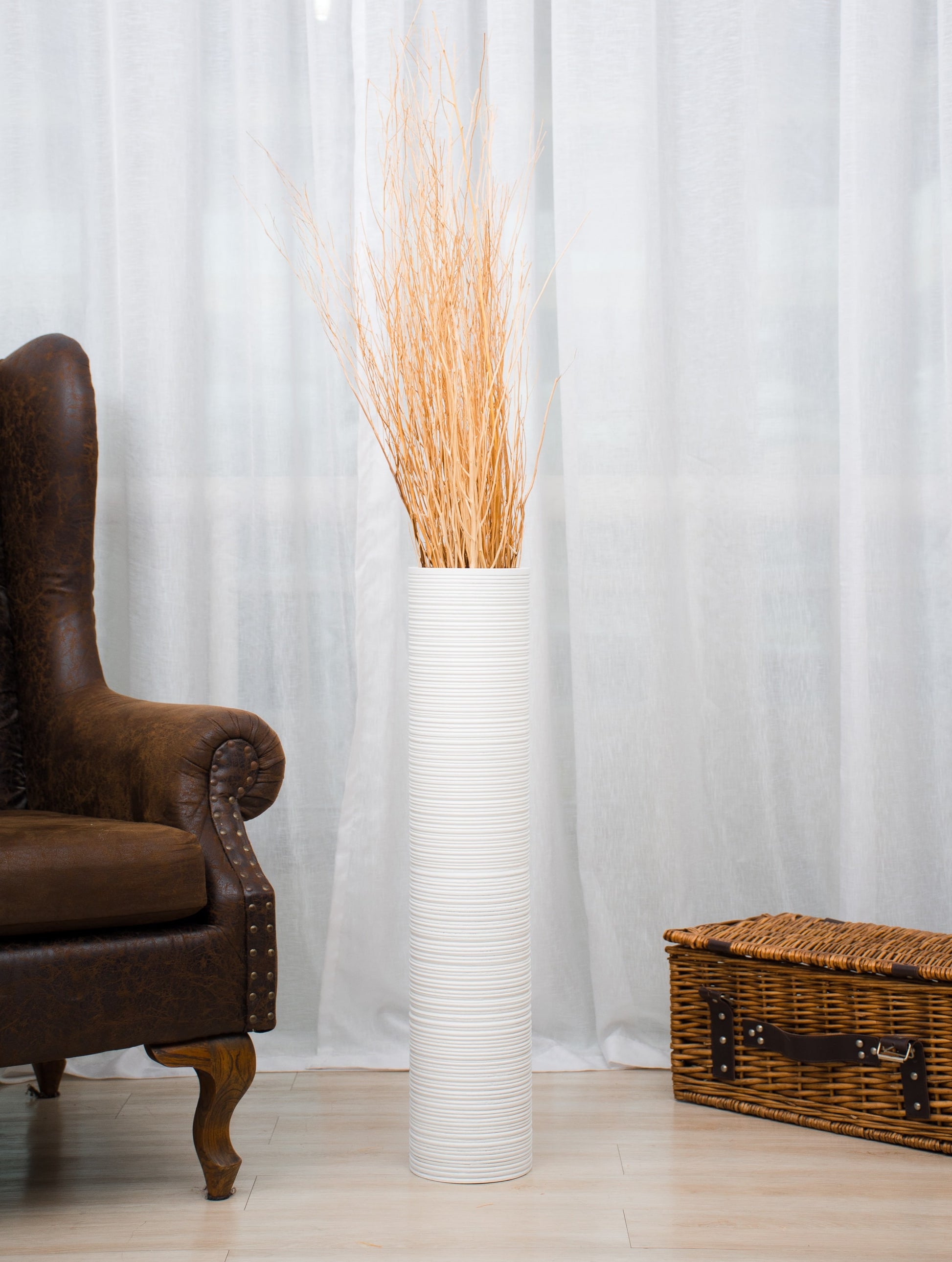 Large Mango Wood Floor Vase – Handcrafted Decorative Highlight from Thailand, white, 65 cm