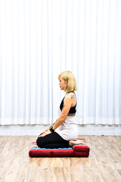 Foldable Meditation Cushion – Compact Kapok Seat with Foot Pad and Cotton Cover in Solid Colors or Thai Pattern, Sf27 - Blue, Red