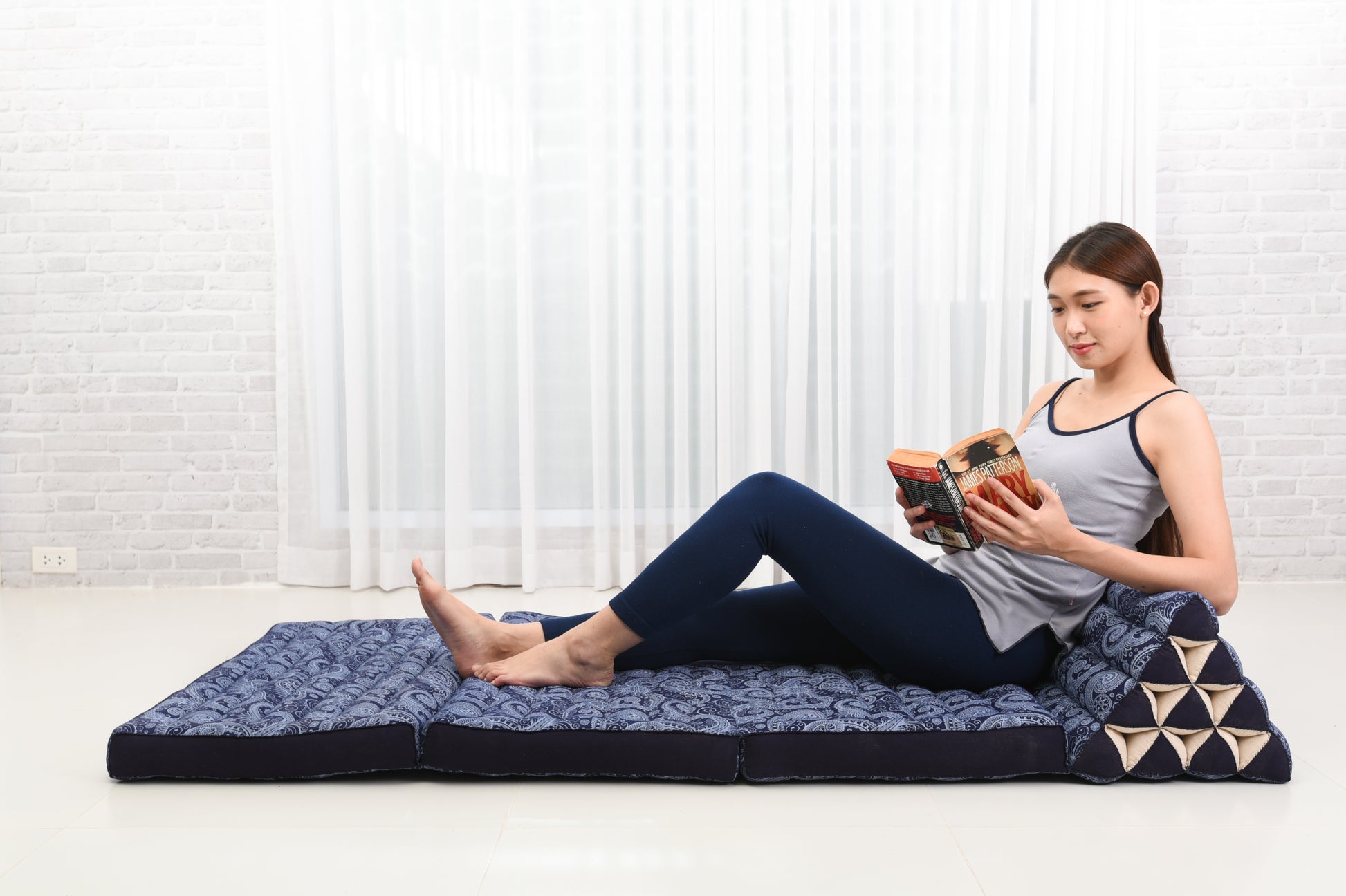 Thai Folding Mat with Triangle Cushion – Handmade Kapok Relax Mat for Sleeping, Reading & Lounging, Cbt1 - Blue, 3 seating segments XL