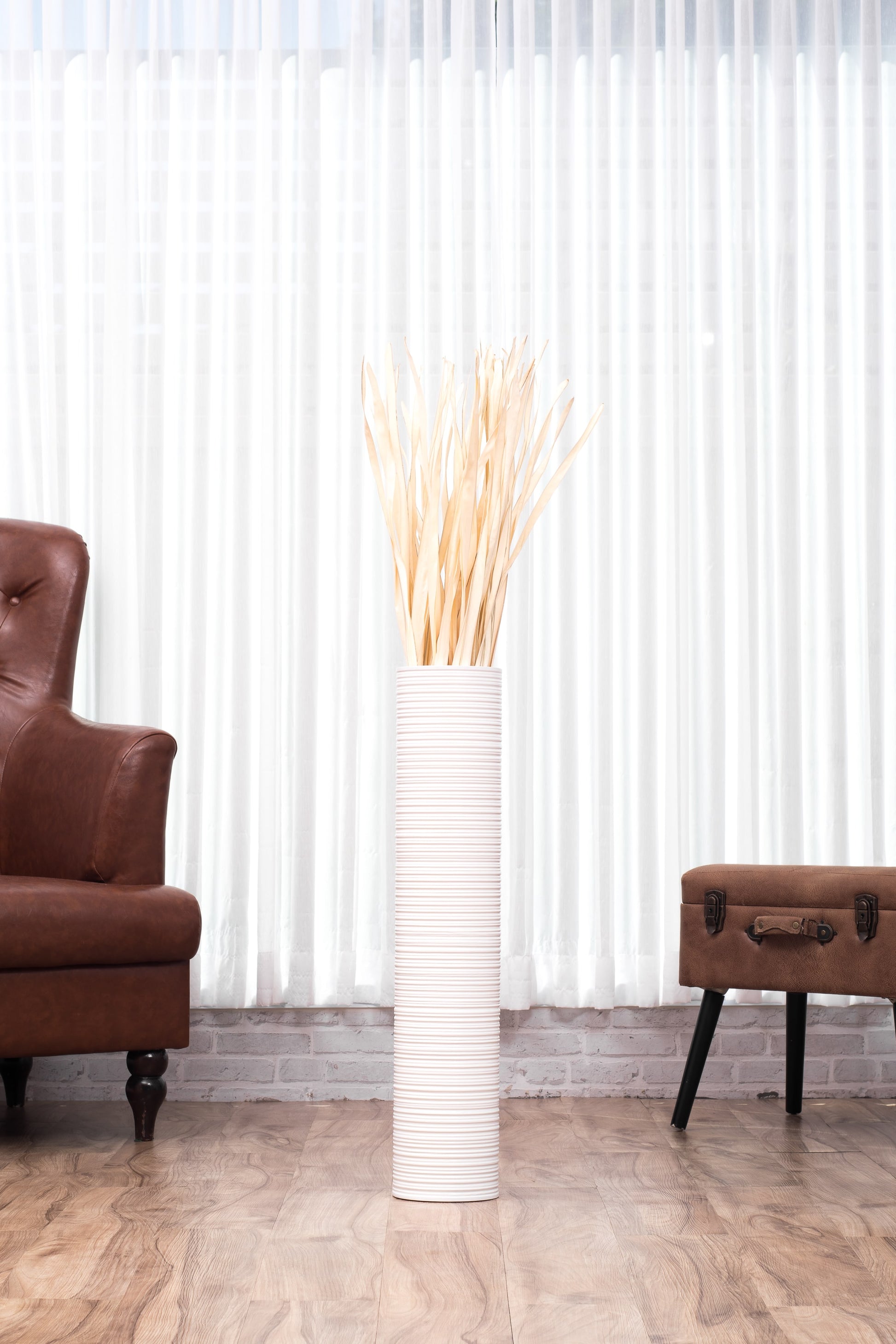 Large Mango Wood Floor Vase – Handcrafted Decorative Highlight from Thailand, white, 65 cm