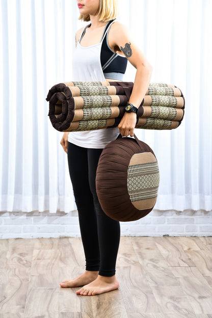 Kapok Meditation Cushion Set – Zabuton Mat & Zafu Seat Cushion with Cotton Cover, Sf10 - Brown