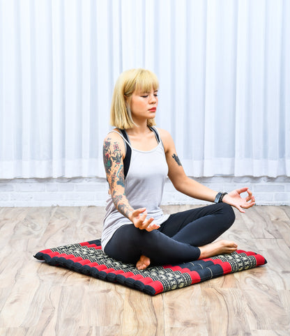 Large Kapok Zabuton Meditation Cushion – Rectangular Floor Mat with Cotton Cover, Sf13 - Red, Black