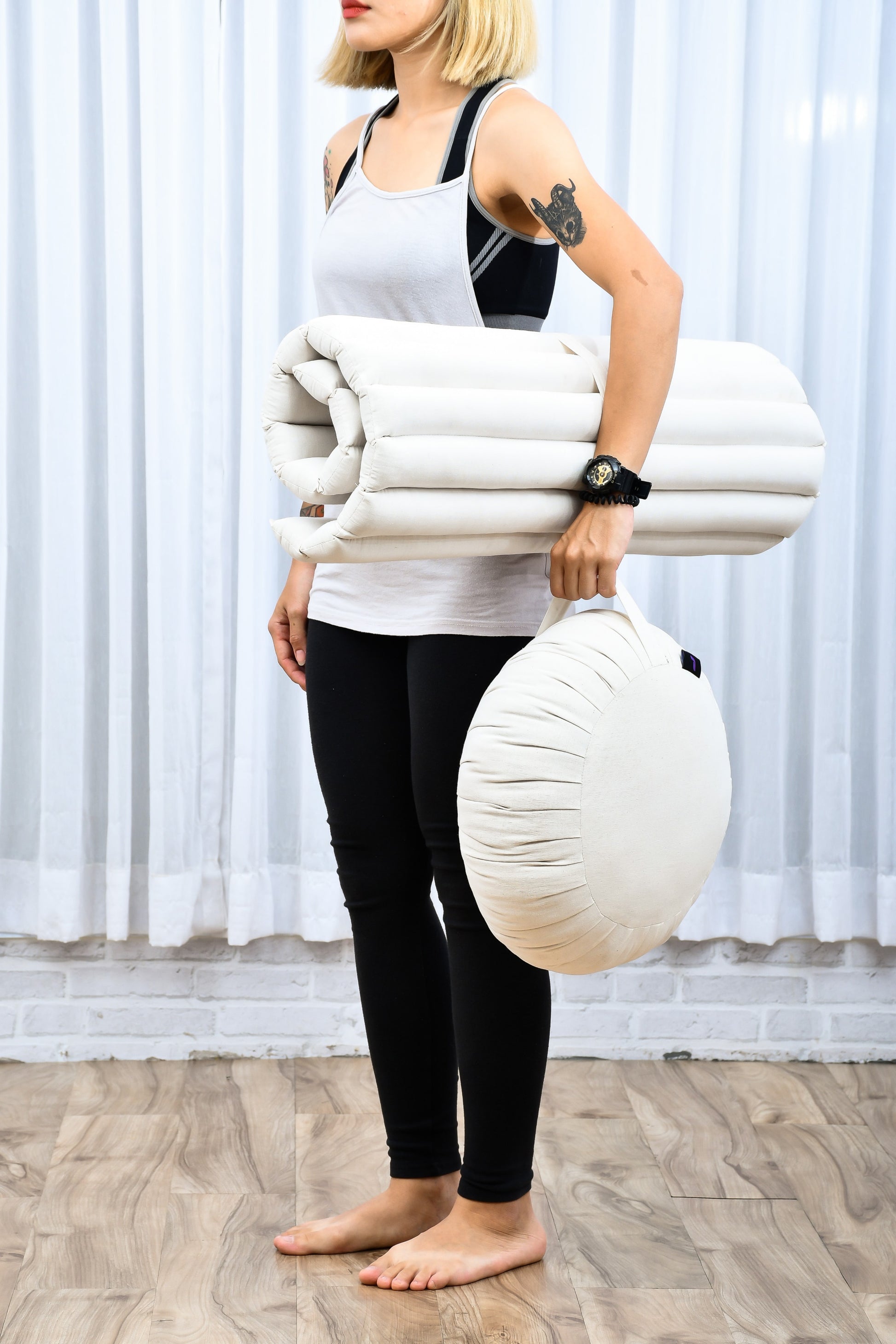 Kapok Meditation Cushion Set – Zabuton Mat & Zafu Seat Cushion with Cotton Cover, Cl01 - Ecru