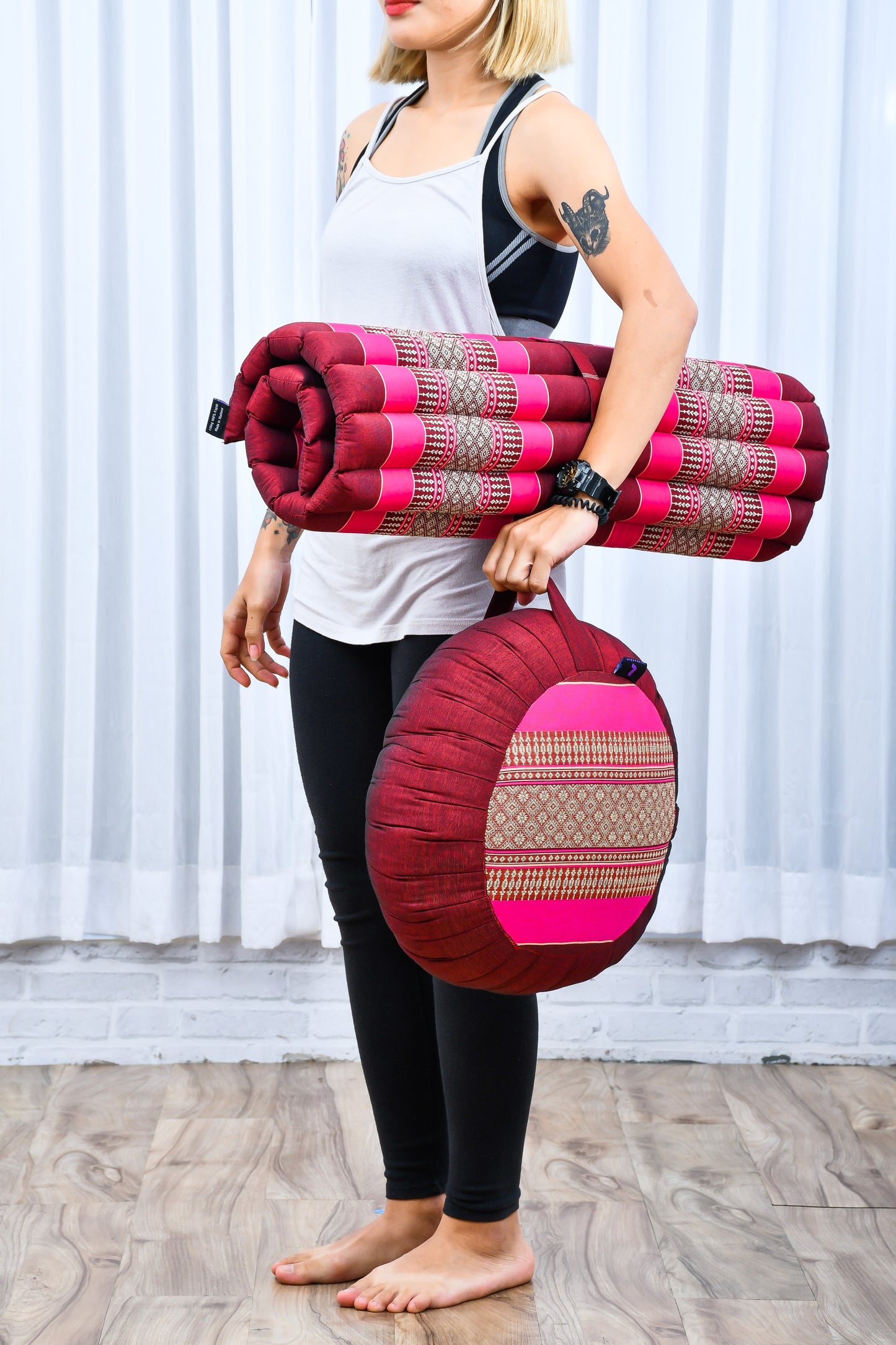 Kapok Meditation Cushion Set – Zabuton Mat & Zafu Seat Cushion with Cotton Cover, Sf29 - Auburn, Pink