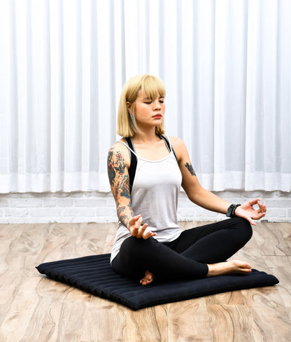 Large Kapok Zabuton Meditation Cushion – Rectangular Floor Mat with Cotton Cover, Cl02 - Black