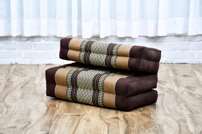 Foldable Meditation Cushion – Compact Kapok Seat with Foot Pad and Cotton Cover in Solid Colors or Thai Pattern, Sf10 - Brown