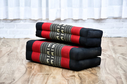 Foldable Meditation Cushion – Compact Kapok Seat with Foot Pad and Cotton Cover in Solid Colors or Thai Pattern, Sf13 - Red, Black