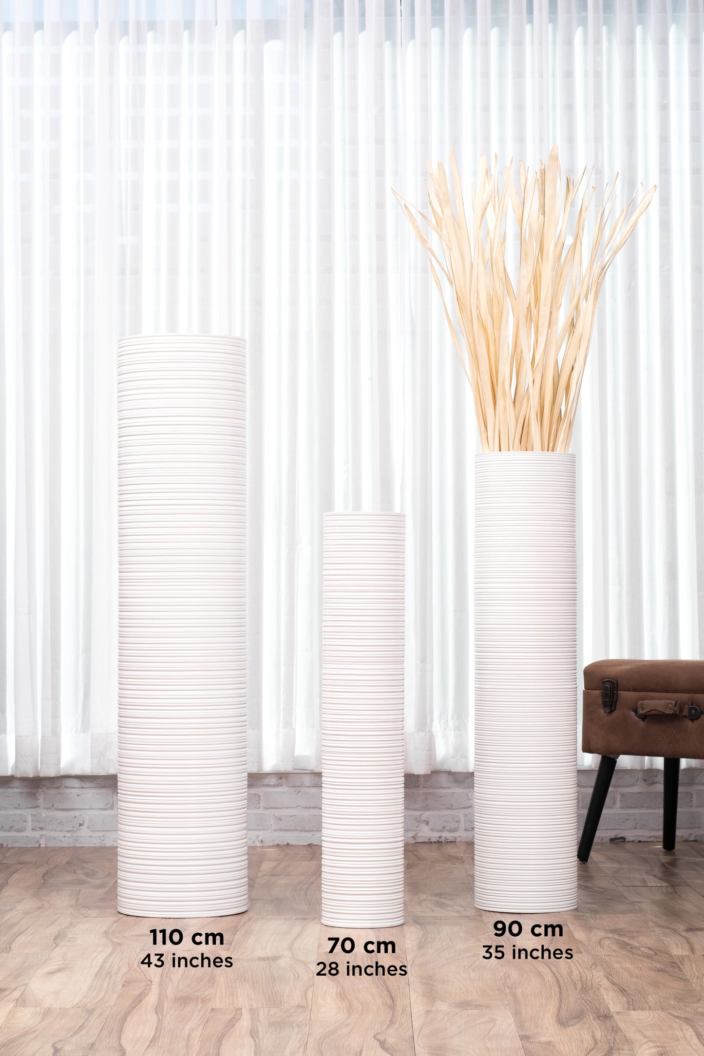 Large Mango Wood Floor Vase – Handcrafted Decorative Highlight from Thailand, white, 65 cm